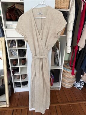 Neutral Beige Linen Wrap Maxi Dress with Tie Waist